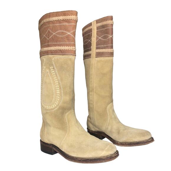 Sancho Western Boot Tall Suede Handmade in Spain Embroidered Pull On Light Tan 6 - Picture 1 of 11
